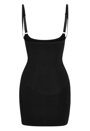 Zwarte shapewear jurk met verstelbare bandjes, gemaakt van textiel met elastische stof. Heeft een aansluitende silhouet en een gladde zoom.