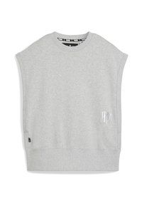 Gray sleeveless sweatshirt made of soft, textured fabric. Features a rounded neckline and a subtle logo accent near the hem.