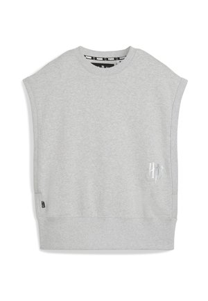 Grå ærmeløs sweatshirt lavet af blødt, struktureret stof. Har en rund halsudskæring og en diskret logoaccent nær kanten.
