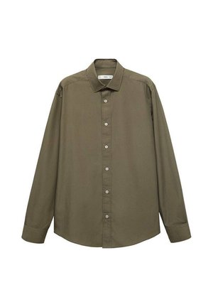 Oliivivihreä pitkähihaisen paita, jossa on terävä kaulus, nappikiinnitys edessä ja muotoiltu istuvuus. Sileä pinta ja räätälöity muotoilu.