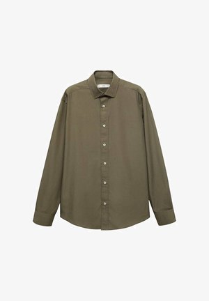 Olive zielona koszula z długim rękawem, z ostrym kołnierzykiem, z przodu z zapięciem na guziki i dopasowanym krojem. Gładka tekstura i skrojony design.