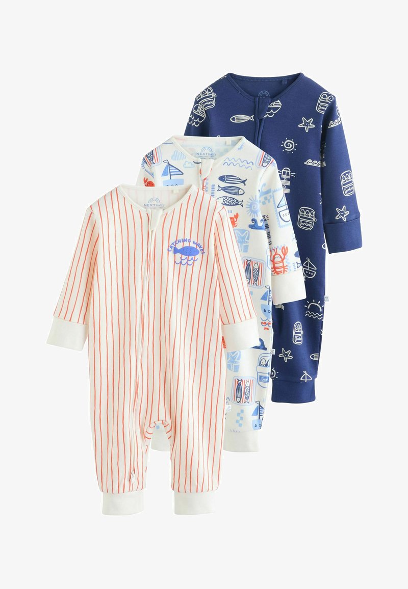 Trois bodies pour bébé à manches longues avec fermetures éclair frontales : rouge rayé, blanc avec des créatures marines, et bleu marine avec des motifs sur le thème de l'océan.