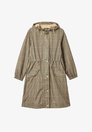 Hættetrøje med lang plaid jakke i beige og mørkebrune nuancer. Har elastisk talje, trykknapper og to forlommer med knapklapper.