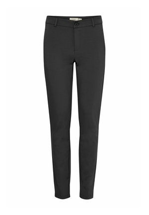 Sorte slim-fit bukser lavet af glat stof. Har en frontknaplukning, bæltestropper og tætsiddende ben. Minimalistisk design uden mønstre.