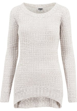 Pullover di maglia beige chiaro con un motivo testurizzato, maniche lunghe e orlo curvato. Presenta un ampio scollo rotondo e polsini a coste.