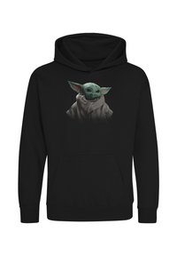 Felpa nera con cappuccio che presenta un grafico di un personaggio verde con grandi orecchie, che indossa una veste beige e una sciarpa, centrato sul davanti.