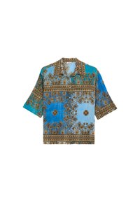 Cămașă cu mânecă scurtă în nuanțe de albastru și maro cu un model floral, având guler cu buton, prezentând designuri intricate și panouri contrastante.