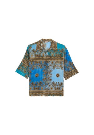 Camicia a maniche corte in blu e marrone con un motivo floreale, dotata di colletto classico e caratterizzata da disegni intricati e pannelli in contrasto.