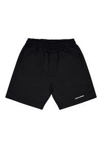 Černé sportovní šortky vyrobené z měkkého materiálu, s elastickým pasem, dvěma bočními kapsami a bílým logem na dolní části pravé nohy.
