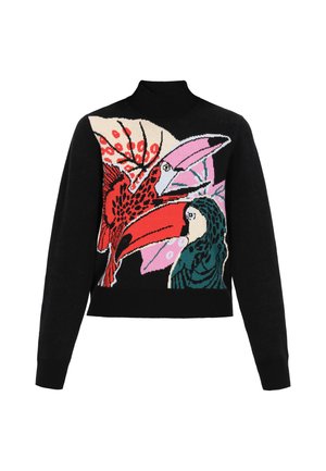 Zwarte trui met een hoge hals en kleurrijke vogelontwerpen in rood, roze en teal op de voorkant, met een zachte breistekstuur.