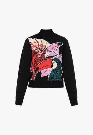 Black sweater with a mock neck featuring colorful bird designs in red, pink, and teal on the front, with a soft knit texture.