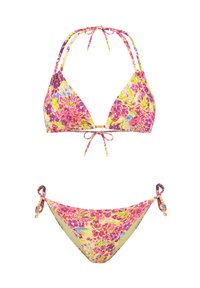 Virágmintás bikini szett, rózsaszín, sárga és zöld színben, háromszög alakú melltartóval és oldalt megkötős alsó résszel. Rugalmas anyagból készült.