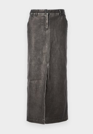 Musta farkku midi-hame, jossa on suora leikkaus, etupainonappi, kaksi sivutaskua ja näkyvät saumat.