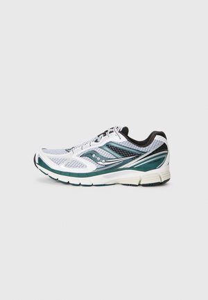Running shoe featuring a white mesh upper with teal accents, black detailing, and a cushioned sole for comfort. Textured design present.