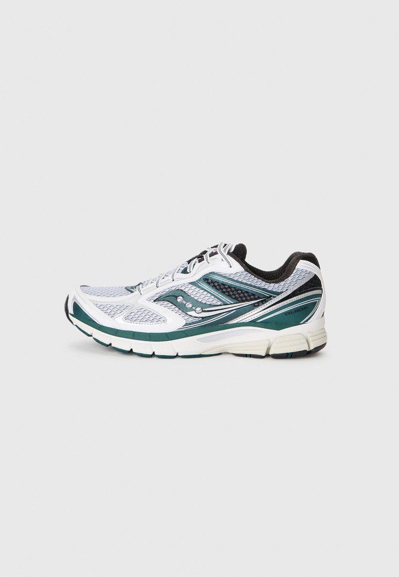 Running shoe featuring a white mesh upper with teal accents, black detailing, and a cushioned sole for comfort. Textured design present.