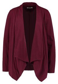 Burgundské kardigán s otevřeným předním dílem, dlouhými rukávy a měkkou strukturou. Má zavěšený design a nemá žádná zapínání.