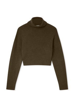 Ciemnobrązowy dzianinowy sweter z krótkim rękawem i golfem, z długimi rękawami oraz ściągaczami na mankietach i u dołu.