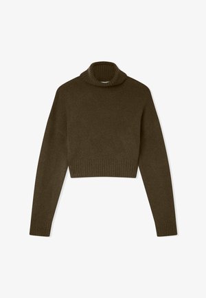 Ciemnobrązowy dzianinowy sweter z krótkim rękawem i golfem, z długimi rękawami oraz ściągaczami na mankietach i u dołu.