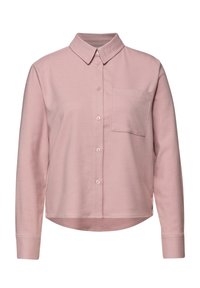Camicia button-up rosa chiaro con colletto, taschino singolo sul petto e maniche lunghe con polsini abbottonati. Tessuto morbido e texturizzato.