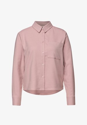 Helles pinkes Hemd mit Kragen, einer einzelnen Brusttasche und langen Ärmeln mit geknöpften Manschetten. Weicher, strukturierter Stoff.