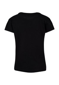 Sort bomuld T-shirt med korte ærmer, rund halsudskæring og buet kant. Bagsiden har ingen tryk eller logoer, hvilket fremhæver en glat tekstur.