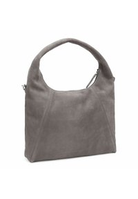 Grijze suède handtas met een gebogen handvat en diagonale naaddetails. Soepele textuur, ruim ontwerp en subtiele stikaccenten.
