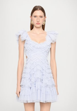 Light blue short dress with ruffled texture, puff sleeves, and a fitted bodice. Features layered, tiered design with dotted details.