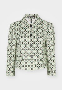 Gemusterte Jacke mit einem geometrischen Design in Grün und Schwarz. Der Stoff hat eine glänzende Oberfläche, mit einem Kragen und einer Knopfleiste.