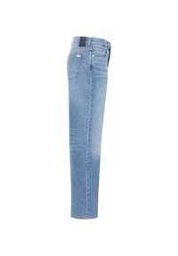 Ljusblå denimjeans med raka ben, som har ett svart midjeband och två bakfickor. Slät textur och minimal blekning.