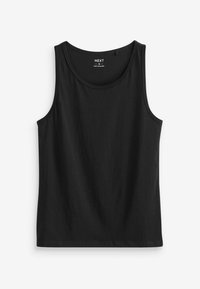 Sort tanktop med rund halsudskæring og brede ærmegab, lavet af blødt bomuldsstof med en glat tekstur. Enkel og ensfarvet design.