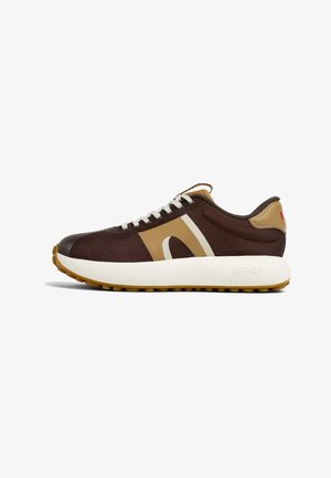 Brown mesh sneakers with a white and tan design element, featuring beige accents, plush white sole, and textured rubber outsole.