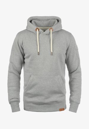 Sivi dukserica od mješavine pamuka s prednjim džepom, podesivom vezicom s kožnim detaljima i rebrastim rukavima.