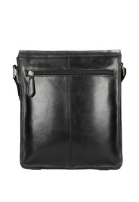 Borsa a tracolla nera in pelle con una texture liscia, tasca frontale con zip e tracolla regolabile; forma rettangolare con design sobrio.