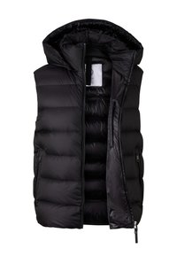 Czarna pikowana kamizelka bez rękawów z kapturem, zapinana z przodu na zamek, z dwoma zamykanymi kieszeniami po bokach, częściowo rozpięta, odsłaniająca wewnętrzną podszewkę.