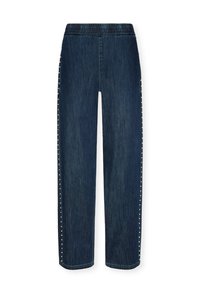 Granatowe dżinsy o luźnym kroju, z elastycznym pasem i dekoracyjnymi ćwiekami wzdłuż szwów bocznych.