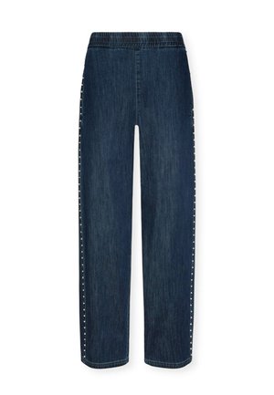 Pantaloni in denim blu scuro con una vestibilità rilassata, dotati di una vita elasticizzata e borchie decorative lungo le cuciture laterali.