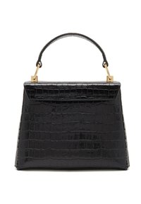 Zwarte croco-embossed handtas met een gestructureerd ontwerp, een bovenhandvat en hardware in gouden toon. Functies een gladde, glanzende textuur.