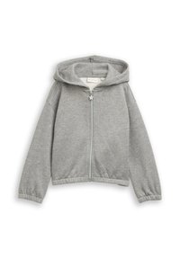 Grijze zip-up hoodie van zacht materiaal. Beschikt over een capuchon, lange mouwen en elastische manchetten met een stervormige ritslokker.