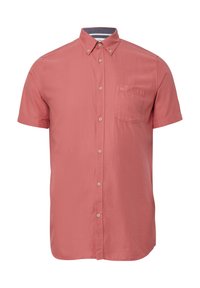 Korte mouwen shirt in een stoffige rozenkleur, met knoopsluiting bij de kraag, een enkele borstzak, gladde stof, subtiele structuur, vijf knoopsluiting.
