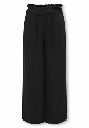 Pantalones negros de pierna ancha con cintura elástica fruncida y ajuste relajado, mostrados sobre un fondo blanco.