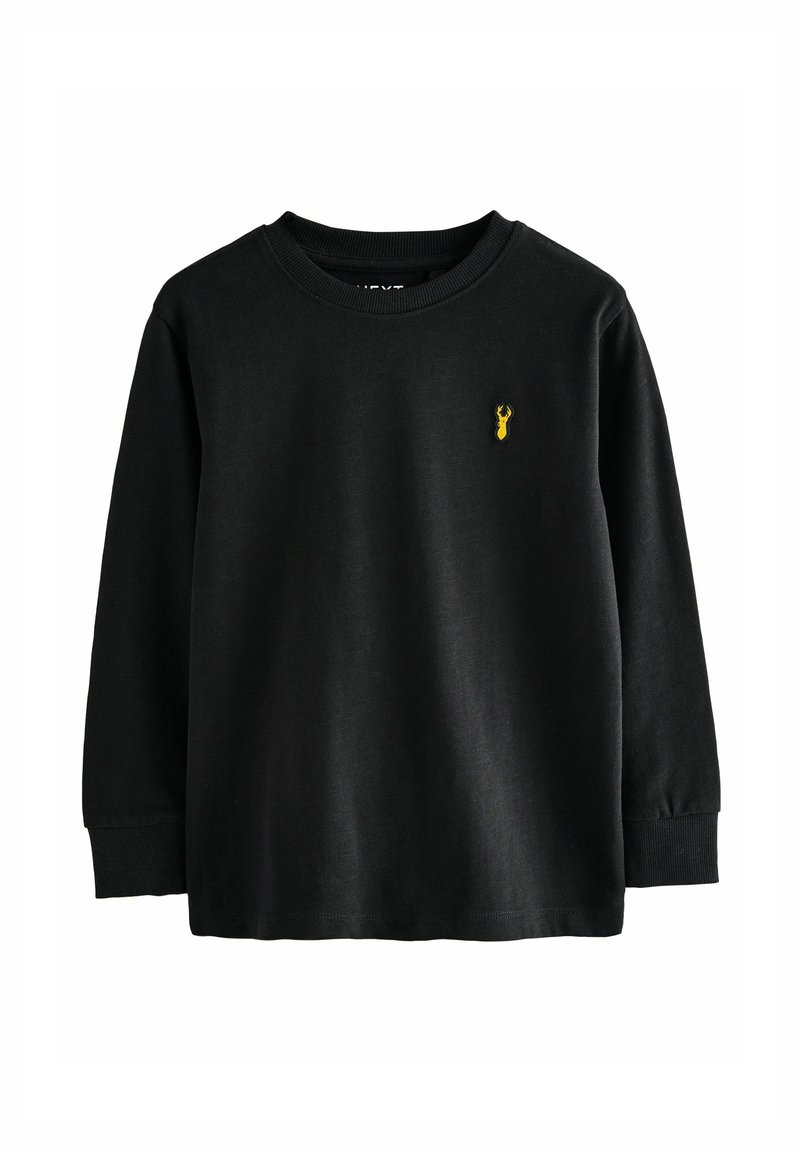 Maglietta nera a maniche lunghe in cotone, con colletto girocollo a coste e logo di un'aragosta gialla sul lato sinistro del petto. Texture liscia.