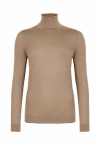 Beige Rollkragenpullover mit langen Ärmeln. Hergestellt aus weichem Stoff, mit taillierter Passform und gerippten Bündchen sowie Saum. Angenehme Textur.
