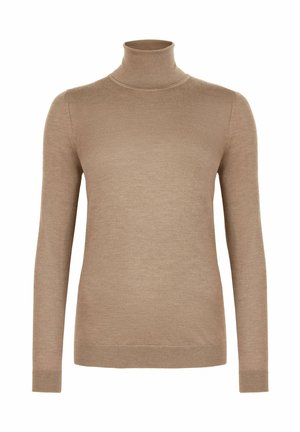 Beige Rollkragenpullover mit langen Ärmeln. Hergestellt aus weichem Stoff, mit taillierter Passform und gerippten Bündchen sowie Saum. Angenehme Textur.