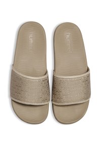 Beige slide sandals made of textured synthetic material with a patterned strap and ridged sole for traction. Brand name embossed on the upper.