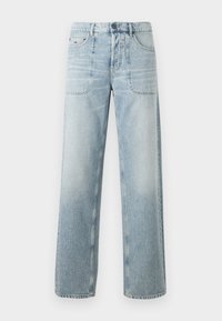 Vaaleansiniset leveät farkut, joissa on denim-materiaali, kaksi etutaskua, hillitty haalistus ja nappikiinnitys vyötäröllä.