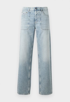 Lyseblå vide jeans laget av denim, med to frontlommer, subtil fading og knappestenging i midjen.