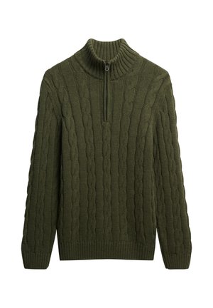 Olivenfarbener Kabelstrickpullover mit hohem Kragen und Frontreißverschluss. Verfügt über ein strukturiertes Muster sowie gerippte Bündchen und Saum.