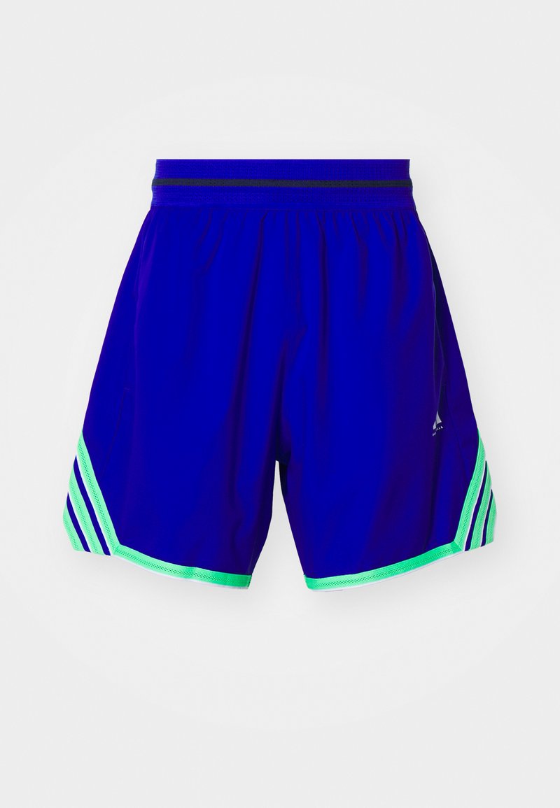Blaue Sportshorts mit Mesh-Textur, ausgestattet mit grünen Akzenten und drei weißen Streifen an jeder Seite. Elastischer Bund für zusätzlichen Komfort.