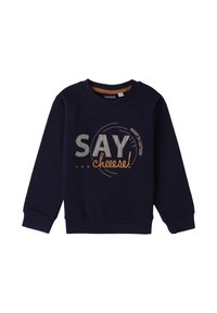 Felpa per bambini di colore blu navy con il testo "SAY chees!" e dettagli in cucitura circolare sul davanti, dotata di maniche lunghe e colletto tondo.