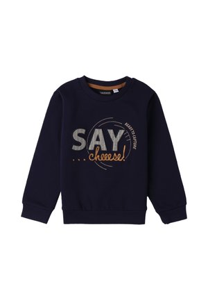 Felpa per bambini di colore blu navy con il testo "SAY chees!" e dettagli in cucitura circolare sul davanti, dotata di maniche lunghe e colletto tondo.